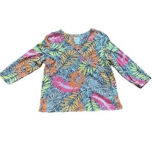 Ruby Rd Favorites women’s tropical print faux wrap top with 3/4 length sleeves